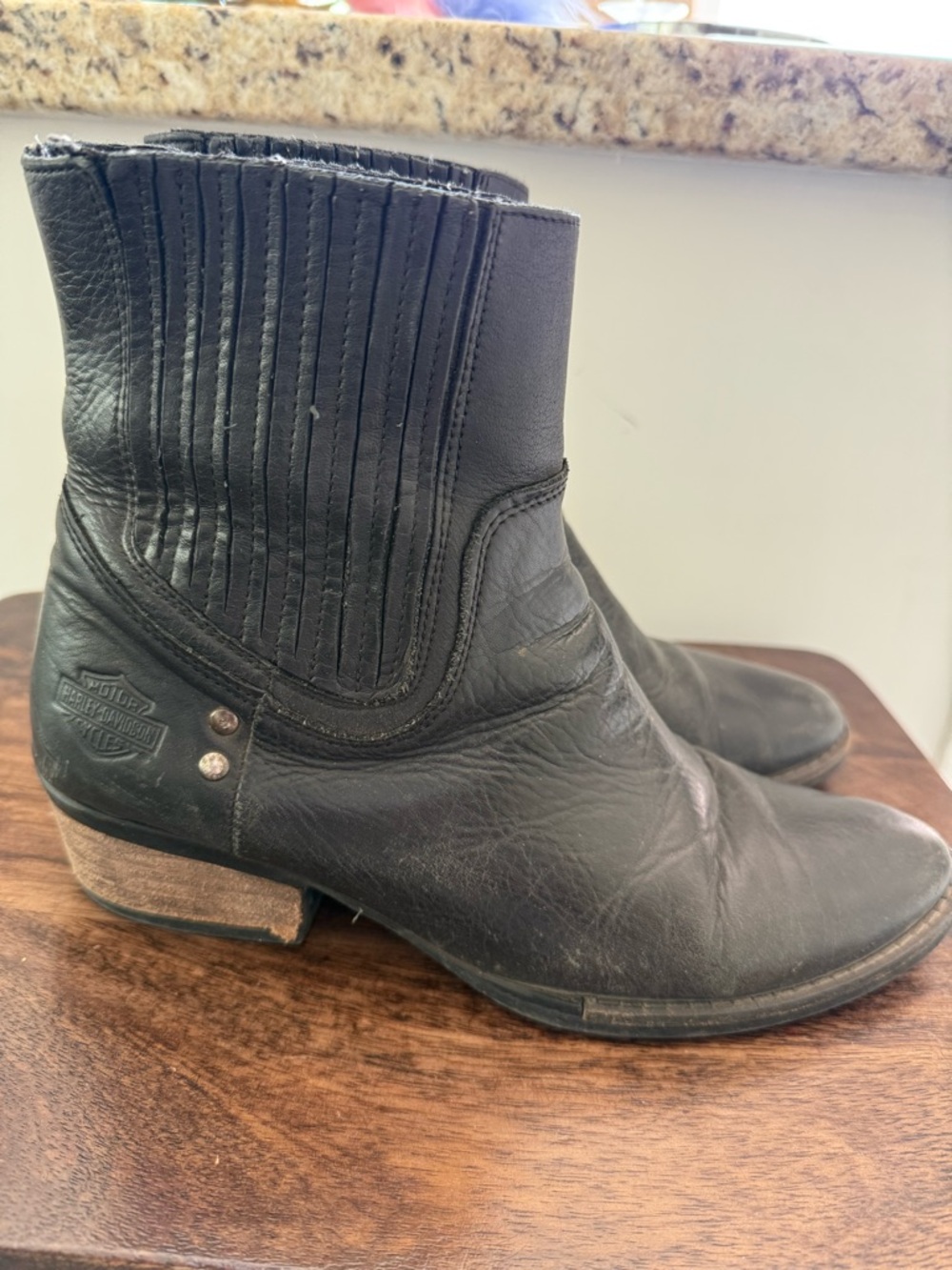Harley-Davidson Black Leather Ankle Boots with Stacked Heel